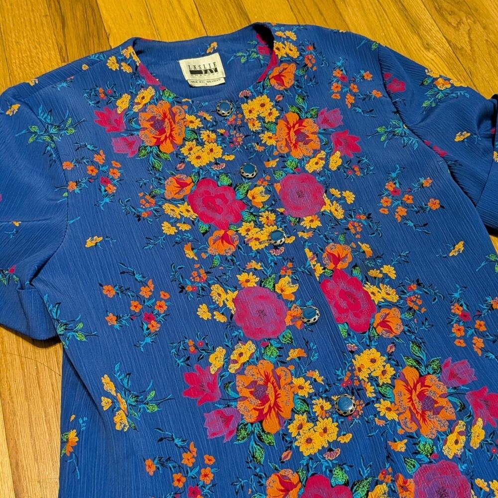 Vintage Leslie Fay Blouse, FLoral Print, Blue & Yellow, Boho